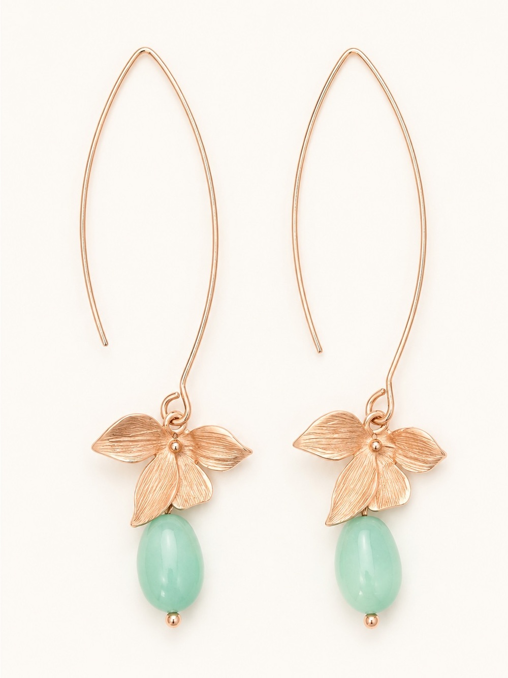 Rose Gold Tone Floral Drop Earrings with Mint Green Beads Boho Cottagecore